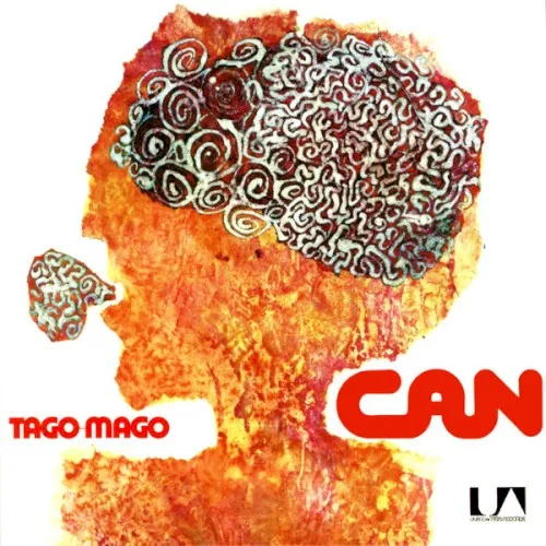 Original album cover for Tago Mago by Can with an orange head and patterned brain