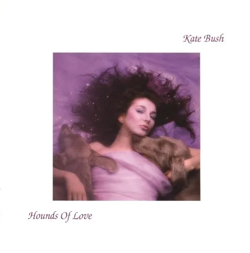 Original Hounds of Love album cover showing Kate Bush resting with two dogs in a purple-toned portrait