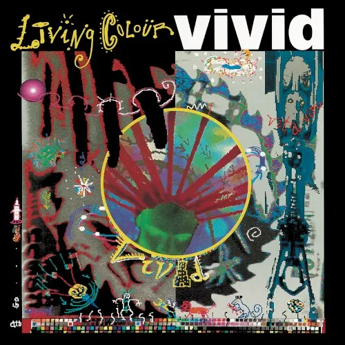 Original album cover for Vivid by Living Colour with a dense multicolored collage